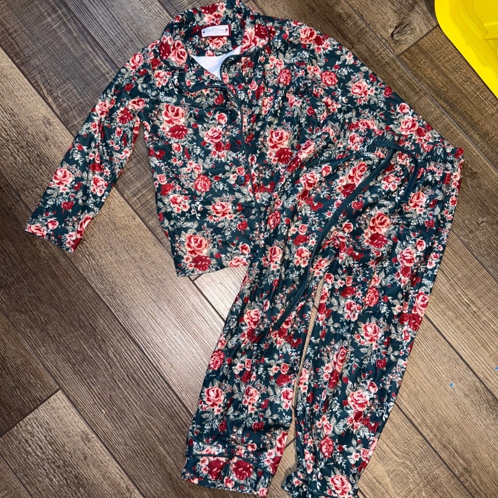 SweetHoney Girls Floral Pajamas Set Teal Red Rose Button Front 4T